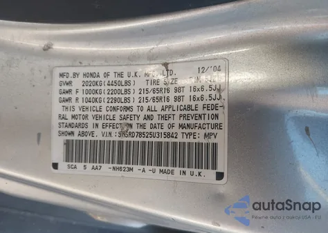 2005 Honda Cr-V Lx из США, поврежденный, VIN SHSRD78525U315842